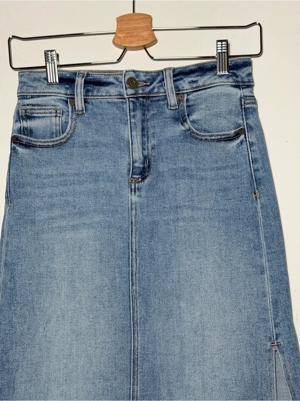 Classic Light Blue Denim Maxi Skirt with Side Panel